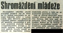 Článek z 21. 11. 1989 uveřejněný v Ostravském večerníku, který informuje o první demonstraci na náměstí Lidových milicí po zásahu na Národní třídě v Praze 17. 11. 1989 