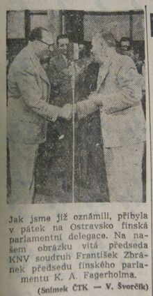 Krátká zpráva o návštěvě finské parlamentní delegace v Ostravě v roce 1959 uveřejněná v deníku Nová svoboda. 