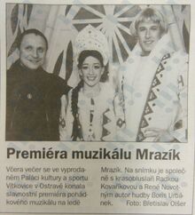 Zpráva v deníku Nová Svoboda z 17. 9. 1998 o premiéře muzikálu  na ledě Mrazík