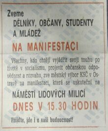 Pozvánka na manifestaci 29. 11. 1989 svolanou městským výborem KSČ. Zdroj: Ostravský večerník 29. 11. 1989.