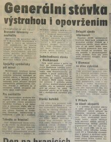Zprávy o generální stávce v Severomoravském kraji vyšlé v ranním vydání Spojených deníků 24. 8. 1968