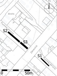 Zobrazení zkoumané plochy sondy 1 až 3 na Puchmajerově ulici. Na plánu vyznačil Z. Moravec