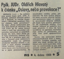 Vyjádření náčelníka městské správy VB k oslavám vítězství hokejistů ČSSR nad sovětskou sbornou. Nová svoboda 4. 4. 1969.