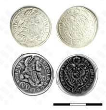 Šestikrejcar Leopolda I., ražený roku 1691, patří mezi jednak nejmladší mince v mincovním depotu a zároveň mince s nejvyšší hodnotou. Sken Ostravského muzea.