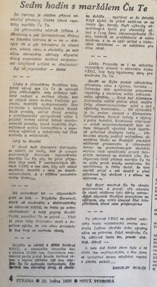 Článek Ladislava Bublíka o návštěvě maršála Ču Te v NHKG a VŽKG, otištěný v Nové svobodě 29. 1. 1956. 