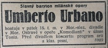 Upoutávka v Moravsko-slezském deníku na vystoupení Umberta Urbana