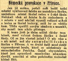 Ostravský noviny Duch času informovaly 28. října 1908 o zabrání české mateřské školky v Přívoze. 