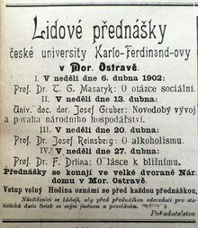 Oznámení o konání přednášek T. G. Masaryka a dalších osobností v Národním domě v Moravské Ostravě v dubnu 1902.