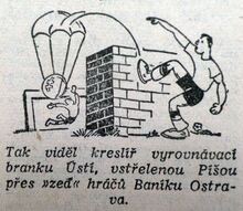 Ilustrační kresba k utkání Baník-Ústí (2:3) zveřejněná v deníku Nová svoboda 21. dubna 1959.