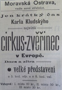 Oznámení v Ostravském deníku o hostování cirkusu Kludský v červenci 1905.