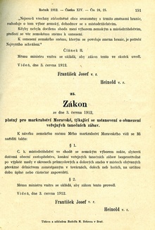Stránka se zněním zákona o omezení tanečních zábav ze sbírky Zákonů a nařízení pro markrabství Moravské (1912).