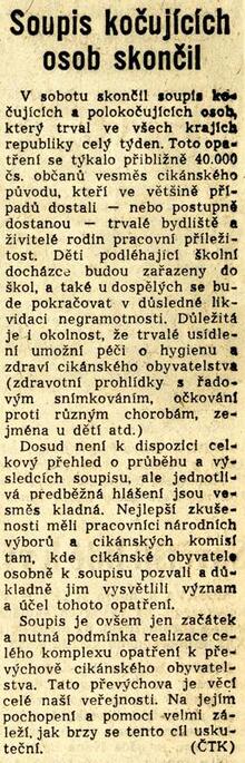 Novinový článek z února 1959 k zákonu o trvalém usazení kočujících osob.