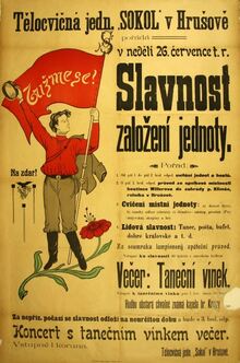 Plakát, který avizuje první sokolské cvičení v Hrušově v původním termínu 26. července 1908. Zdroj: Archiv města Ostravy.
