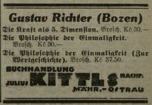 Inzerce děl Gustava Richtra, prodávaných v knihkupectví Julia Kittla v Moravské Ostravě. Zdroj: Ostrauer Zeitung 14. 1. 1933