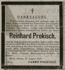 Smuteční oznámení Reinhard Prokisch. Zdroj: Mährisch-schlesischer Grenzbote 18. 8. 1878