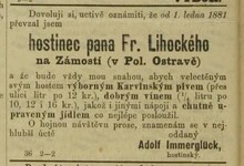 Oznámení o převzetí hostince Františka Lihotského Adolfem Immerglückem. Zdroj: Opavský týdenník 8. 1. 1881
