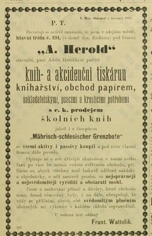Oznámení Franze Wattolika o převzetí tiskárny Adély Heroldové. Zdroj: Opavský týdenník 28. 7. 1883
