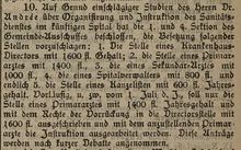 Výňatek ze zprávy o jednání moravskoostravského obecního výboru 26. 2. 1897, týkající se vypsaní konkurzu na místa v nemocnici, který vyšel v deníku Ostrauer Zeitung 28. 2. 1897.