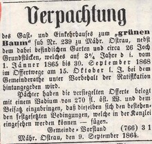Oznámení obce Moravská Ostrava o propachtování hostince U Zeleného stromu Zdroj: Troppauer Zeitung, 13. 9. 1864