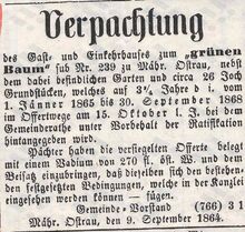 Oznámení obce Moravská Ostrava o propachtování hostince U Zeleného stromu Zdroj: Troppauer Zeitung, 13. 9. 1864