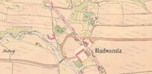 Katastrální mapa Radvanic z roku 1836 zachycuje mj. objekty emfyteutického hostince (č. 2) a dominikální krčmy (č. 6), které souvisely se vznikem zdejšího pivovaru. Zdroj: Archiv města Ostravy, Sbírka map a plánů.