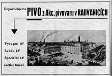 Prvorepubliková reklama na radvanické pivo s poněkud idealizovaným pohledem na pivovar. Zdroj: Archiv města Ostravy.