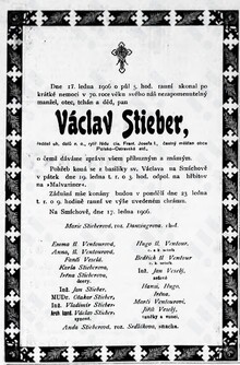 Smuteční oznámení Václav Stieber. Zdroj: Ostravan 21. 1. 1906