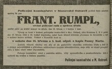František Rumpl, smuteční oznámení Policejního komisařství v Moravské Ostravě. Zdroj: Duch času 16. 3. 1922