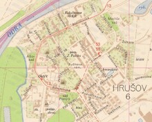 Umístění nové hrušovské smyčky trolejbusů na mapě Ostravy z roku 1964. Zdroj: Archiv města Ostravy, Sbírka map a plánů