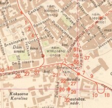 Situace dopravního uzlu na Smetanově náměstí včetně trolejbusové smyčky na mapě z roku 1964. Zdroj: Archiv města Ostravy, Sbírka map a plánů.
