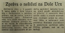 Krátký článek  o důlním neštěstí v deníku Nová svoboda z 9. ledna 1963