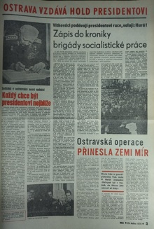 Reportáž v deníku Nová svoboda o návštěvě prezidenta L. Svobody v Ostravě dubnu 1970