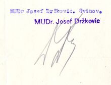Razítko a podpis MUDr. Josefa Držkovice, 1948, Zdroj: Archiv města Ostravy