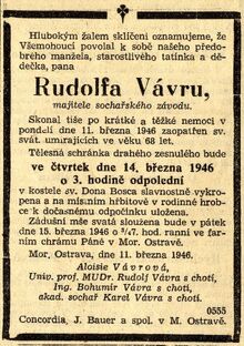 Úmrtní oznámení Rudolfa Vávry, Zdroj: Hlas, 13. 3. 1946