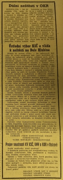 Zpráva o neštěstí na Dole Hlubina v květnu 1960 otištěná v deníku Nová svoboda 24. 5. 1960.