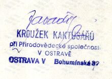 Razítko kroužku kaktusářů s podpisem Emila Zavadila, 1961. Zdroj: Archiv města Ostravy