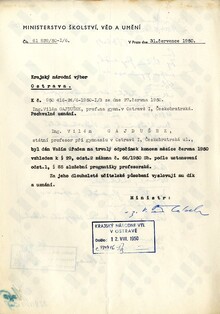 Pochvalné uznání ministra školství udělené prof. Ing. Vilému Gajduškovi, 1950. Zdroj: Archiv města Ostravy