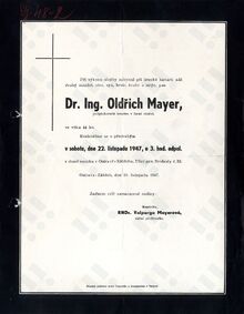 Smuteční oznámení o úmrtí Dr. Ing. Oldřicha Mayera. Zdroj: AMO, SPŠ Vítkovice, Zengrova ul., kart. č. 16. 