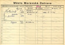 Domovská karta otce – Hynka Kotáska. Zdroj: Archiv města Ostravy