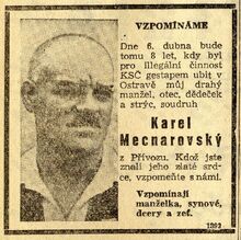 Vzpomínka na Karla Mecnarovského (1893-1940) z novinové rubriky Zprávy osobní a rodinné. Zdroj: Nová svoboda, 4. 4. 1948