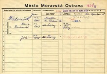 Jan Matoušek, domovská karta. Zdroj: Archiv města Ostravy, Archiv města Moravská Ostrava, domovská kartotéka