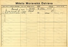 Dominik Moravčík, domovská karta. Zdroj: Archiv města Ostravy, Archiv města Moravská Ostrava, domovská kartotéka