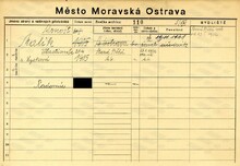 Arnošt Malík, domovská karta. Zdroj: Archiv města Ostravy, Archiv města Moravská Ostrava, domovská kartotéka