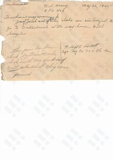 Potvrzení americké armády pro Josefa Janka, který se vracel domů z nacistického vězení do Ostravy. Archiv města Ostravy, Sbírka pamětí a historicko-vlastivědných rukopisů,  kart. č. 25, inv. č. 109. 