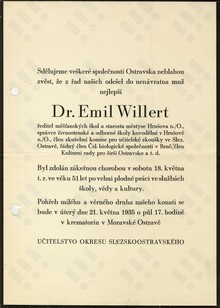 Parte RNDr. Emila Willerta, 1935. Zdroj: Archiv města Ostravy, fond Přírodovědecká společnost Moravská Ostrava