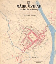 Situace Moravské Ostravy v době svého založení, navržená Ing. Erichem Kolbem. zdroj: Archiv města Ostravy, Sbírka map a plánů