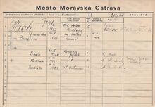Karta domovské příslušnosti rodiny Josefa Pacha Zdroj: Archiv města Ostravy, fond Archiv města Moravská Ostrava, domovská kartotéka