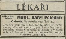 Inzerce lékařské praxe MUDr. K. Poledníka v dobovém tisku. Zdroj: České slovo, 1933