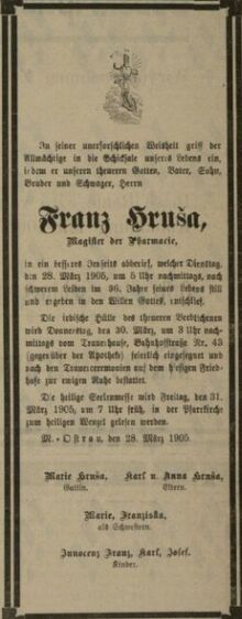 Oznámení rodiny o úmrtí Mr. Ph. Františka Hruši v dobovém tisku. Zdroj: Ostrauer Tagblatt, 1905