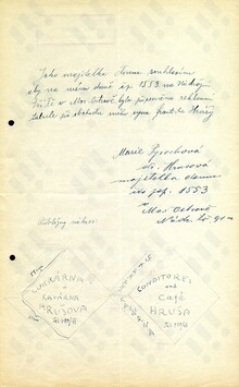 František Hruša, ml. - vyjádření Marie Hrušové-Pyrochové k umístění světelné reklamy na domě (vč. nákresu), 1926. Zdroj: Archiv města Ostravy